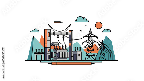 Electrical substation with power lines and transmission towers.