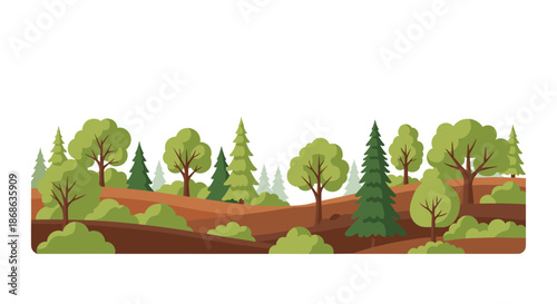 Panoramic landscape illustration features a diverse forest with various deciduous and evergreen trees on rolling hills.