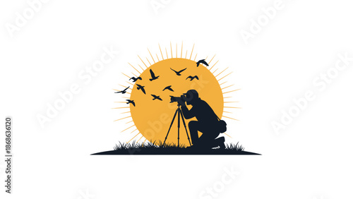 Photographer silhouette capturing birds in flight at sunset.