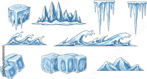 Winter element collection featuring blue ice cubes, frozen icicles, sharp ice peaks, and ocean waves for cold weather nature 