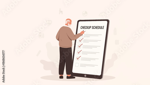 Elderly man with smartphone checking health appointment schedule, medical icons background