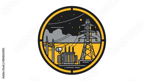 Power Grid Infrastructure at Night with Transmission Tower and Substation.