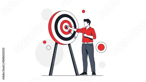 Man aiming at bullseye on target board, business goal concept illustration
