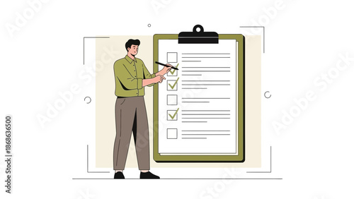 Man checking boxes on a clipboard list, task completion, planning, organization concept