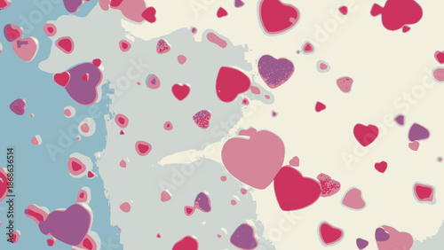 Colorful heart shapes scattered on a pastel background.