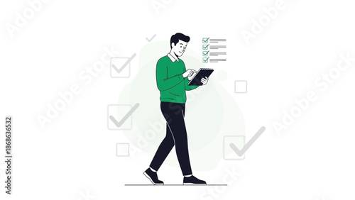 Man checking list on tablet, task completion, to-do list concept, business planning