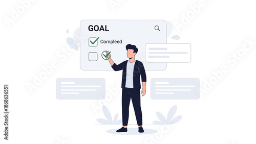 Man checking off completed goal on a digital checklist, concept of achievement and success