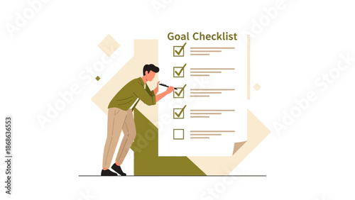 Man checking off goals on a checklist, planning, strategy, success, progress, completed tasks