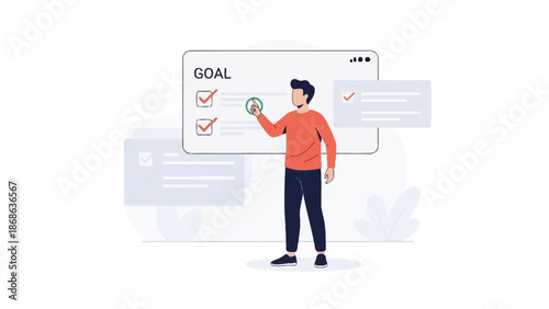 Man checking off goals on a digital checklist, business planning concept