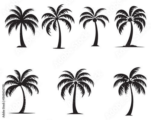 Coconut tree icon set. Flat style black on white vector illustration.