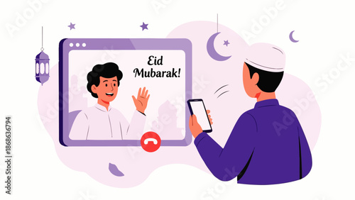 Flat vector illustration depicting family and friends gathering over a video call during Eid al-Fitr. This illustration symbolizes boundless togetherness, longing, and happiness.