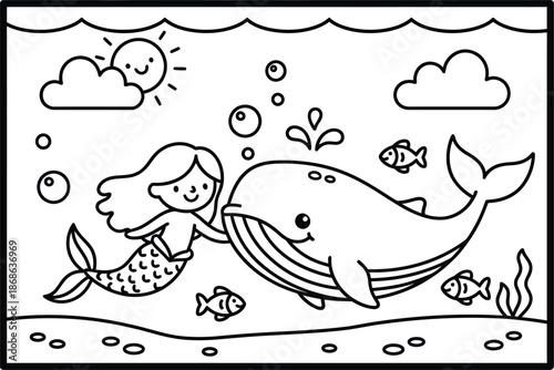 mermaid coloring page line art vector	