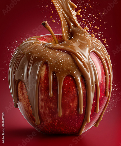 Glossy Red Apple with Melted Chocolate and Caramel Pouring Over It with Splashes created with Generative AI Technology, ai, generative