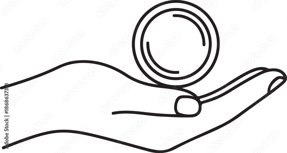 Obraz premium A minimalist black and white line art illustration of a hand holding a single coin, symbolizing saving, investment, charity, or financial support in a clean, modern style.
