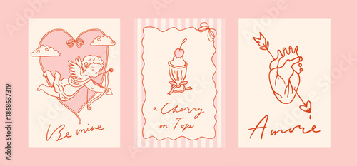 Coquette Valentine's day card set. Vector illustration of whimsical vintage romantic posters. Love line art whimsy trendy baroque doodles. Invitations, stationery, printables, social media templates
