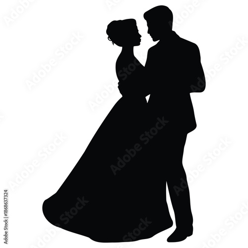romantic wedding couple silhouette in elegant embrace, bride and groom silhouette expressing love and unity, classic wedding dance couple silhouette illustration