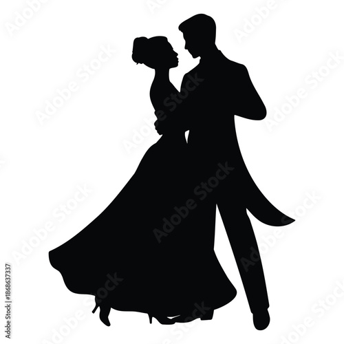elegant dancing couple silhouette with flowing gown, romantic ballroom dance couple silhouette illustration, wedding love couple silhouette in graceful pose