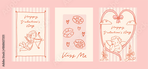 Coquette Valentine's day card set. Vector illustration of whimsical vintage romantic posters. Love line art whimsy trendy baroque doodles. Invitations, stationery, printables, social media templates
