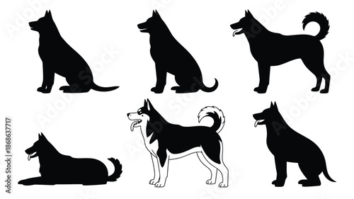 A collection of black dog silhouettes in various standing and sitting positions on a white surface