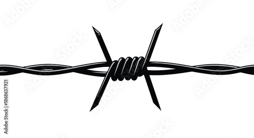 Close up illustration of a sharp barbed wire knot on a horizontal wire strand against a plain white background for security concepts.