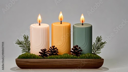 Flickering candle trio: cozy atmospheric decor with evergreens and pinecones