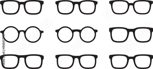 Glasses Icons Different Angle View Black Vector Illustration Set Isolated On White Background