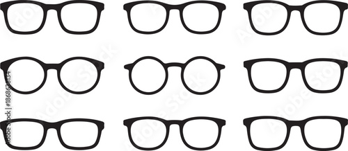 Glasses Icons Different Angle View Black Vector Illustration Set Isolated On White Background