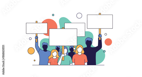 Group of diverse people standing together and holding blank placards or protest signs for social justice and community activism events.