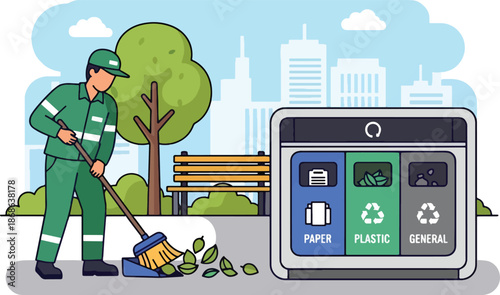Sanitation worker sweeping leaves toward a threebin recycling station in a park