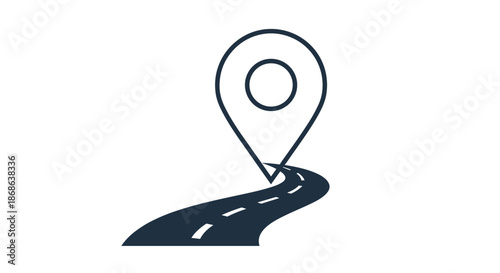 Winding road graphic with dashed lines and a large location pin icon marking a destination for travel, navigation, and map concepts.