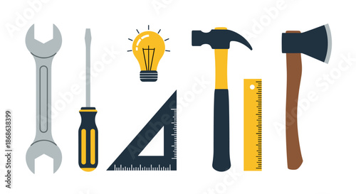Collection of hand tools including a wrench, screwdriver, hammer, axe, ruler, and light bulb representing construction and repair ideas.