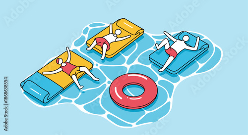 Group of people floating on colorful air mattresses in a swimming pool on a hot summer day for vacation and leisure activity concepts.