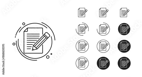 Set of document and pen icons represents creative writing, editing, and official paperwork in diverse graphic styles for business use.