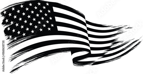 Stylized, artistic, black and white, USA flag, brushstroke, patriotic, abstract, waving, stars, stripes, national, symbol, freedom, creative, textured, dynamic, bold, graphic, flat vector illustration