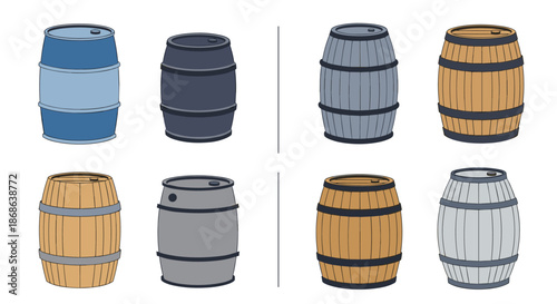 Group of wooden barrels in different colors and finishes displays options for storage containers used in wine and spirits industries.