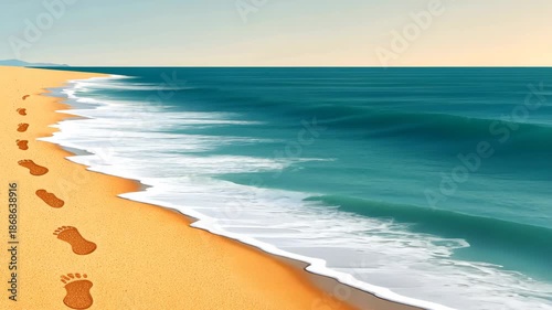 Tranquil ocean waves wash over footprints on sandy beach at sunset