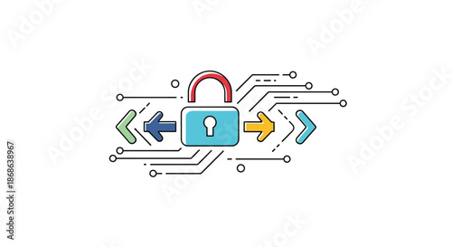 Digital security lock icon with directional arrows and circuitry lines represents data protection and encrypted network flow for cyber safety.