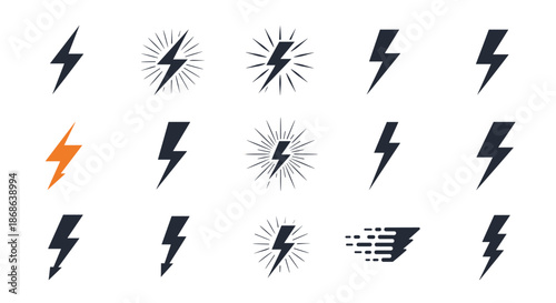 Collection of lightning bolt icons in various styles signifies electrical power, speed, energy, and rapid digital data transmission capabilities.