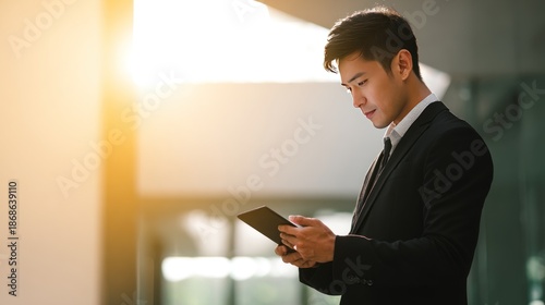 Businessman using tablet bright sunlight