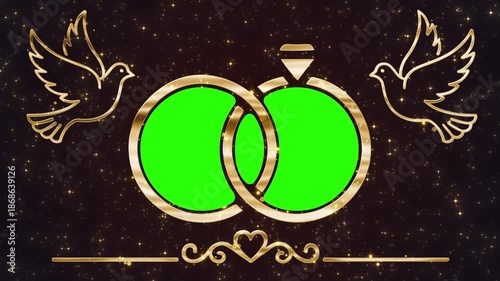 Elegant wedding invitation overlay with golden rings, doves, and green screen circles for inserting couple photos