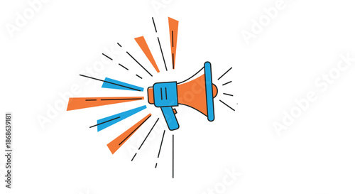 Megaphone speaker with colorful dynamic lines and geometric accents represents public announcements, marketing promotions, and social media news.