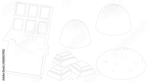 Black and White Sketch of Chocolate Bars and Cookies