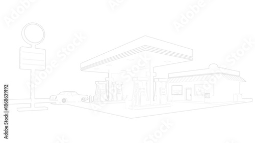 Minimalist Line Art Gas Station with Cars and Signs