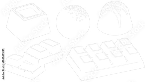 Black and White Line Art of Various Sweets and Pastries