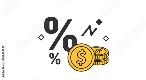 Large percentage sign surrounded by gold dollar coins and a lightning bolt symbolizing financial growth, profit, and economic speed.