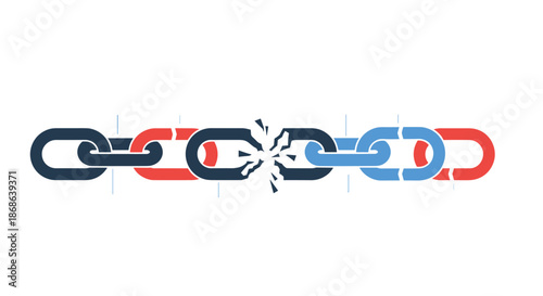 Strong metal chain with colorful links showing one central link shattering to represent freedom, failure, or a weak point in a system.