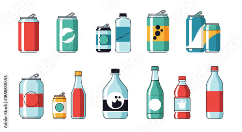 Comprehensive collection of diverse beverage containers including soda cans, water bottles, and glass bottles in various colors and shapes.
