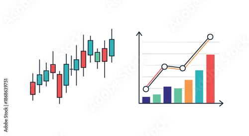 Combination of a stock market candlestick chart and a colorful bar graph with a rising line representing financial growth and data analysis.