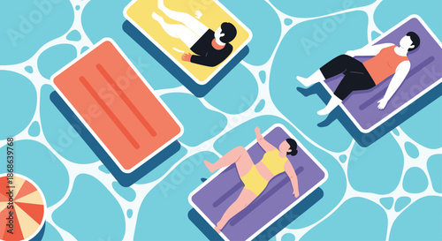 Top down view of people relaxing on colorful inflatable mats in a blue swimming pool during a sunny summer vacation or leisure time.