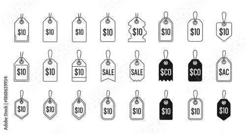 Collection of many different price tag labels in black and white styles featuring dollar amounts and sale text for retail shopping promotion.